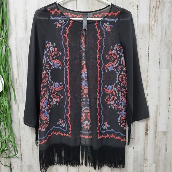 Petticoat Alley Fringed Kimono Cardigan Black Size XS - Picture 1 of 7